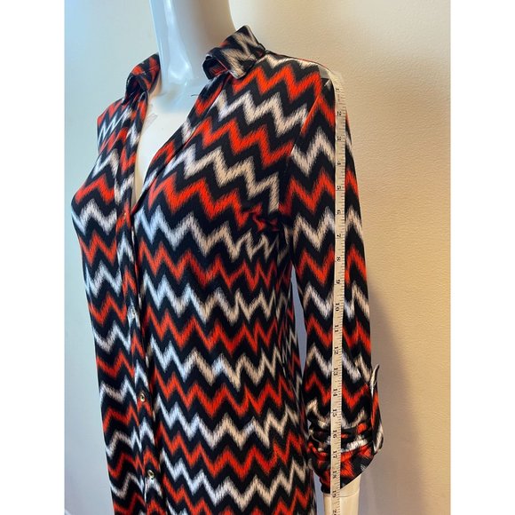 Michael Kors Womens Chevron Button Up Shirt Dress Roll Up Sleeve Red Black SZ 2 - Picture 4 of 8